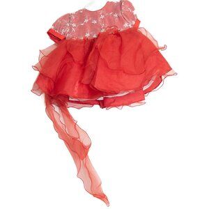 Red Size 18M Floral Embroidered Baby Girl Dress W/ Sheer Overlay & Sash Bow Acce